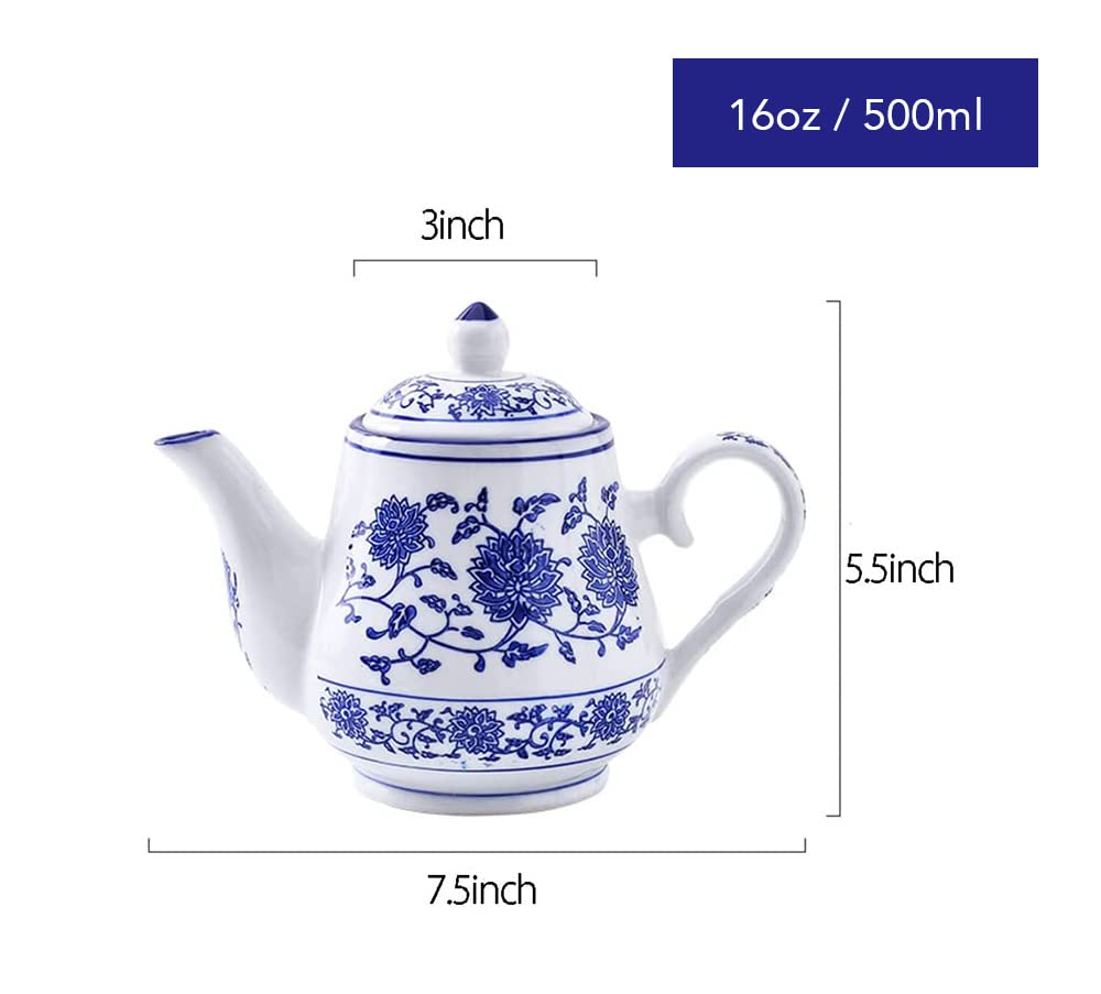 Elegant Blue & White Porcelain Teapot 500ml - Retro Floral Design