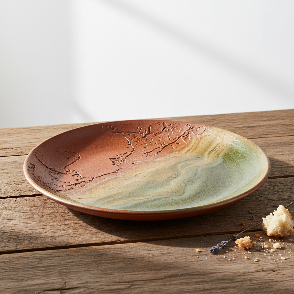 Handcrafted artisan ceramic dinner plate with natural earth tone glaze