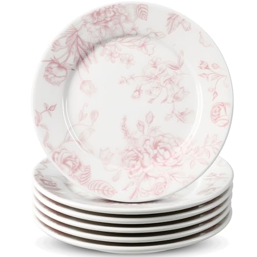 Romantic Pink & White Floral Ceramic Plates Set of 6 - 6 Inch