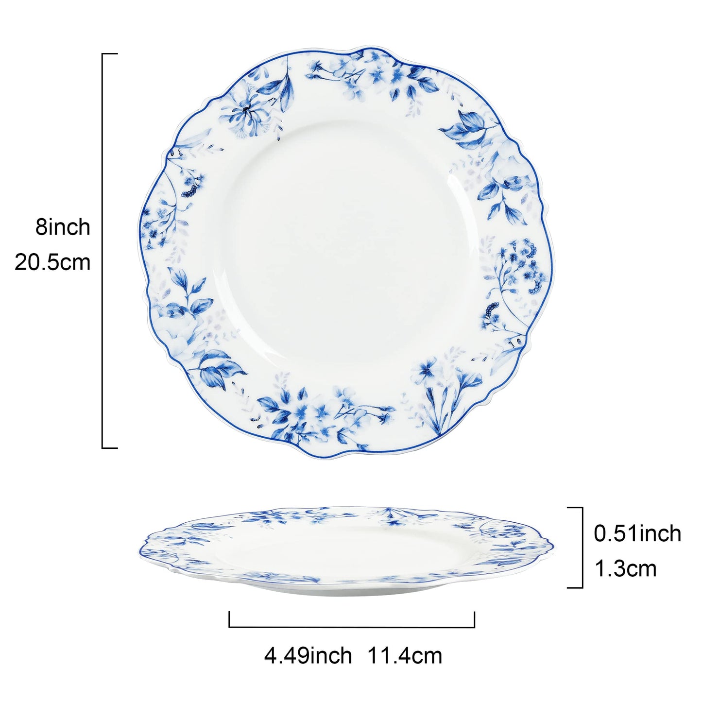 Elegant Light Blue Floral Porcelain Plates Set of 4 - 20.5cm