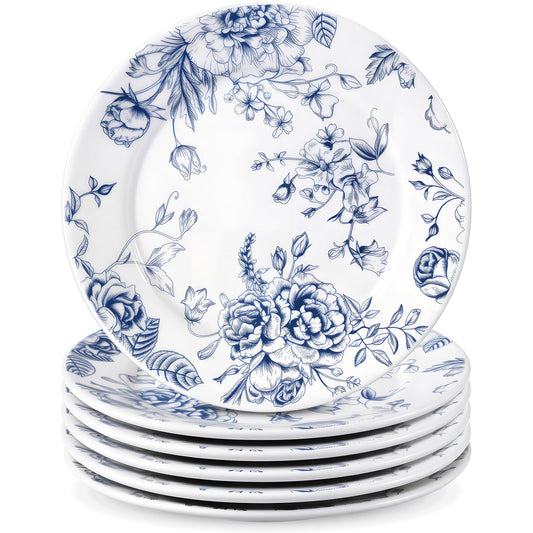 Classic Blue & White Floral Ceramic Plates Set of 6 - 6 Inch