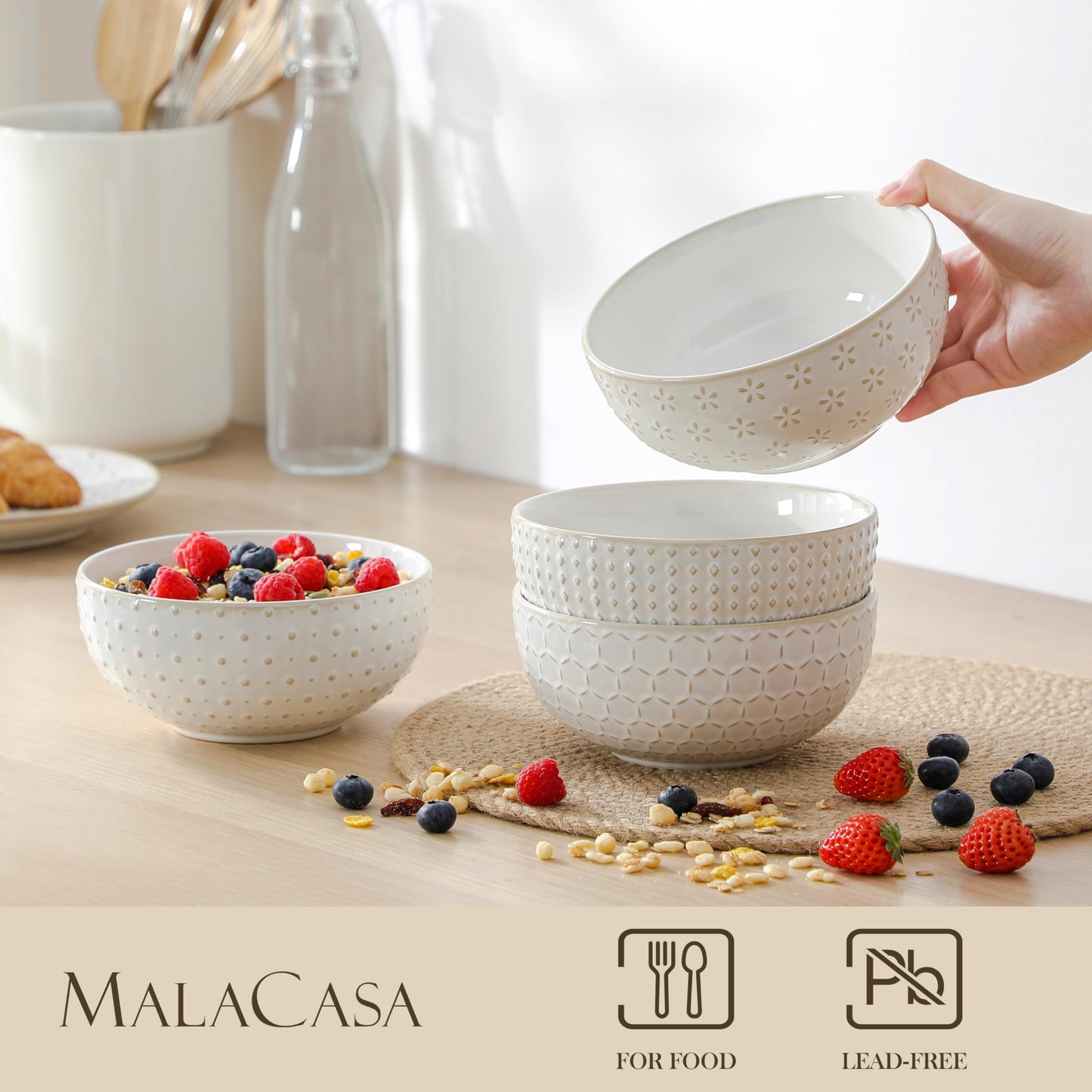 Large Stoneware Bowls Set of 4 - 30oz Soup Ramen Salad Bowls